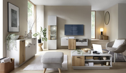 living room set, coffee table, storage cabinet, display cabinet, upholstered ottoman, accent chair, lifestyle, minimalist, calm, trustworthy, neutral